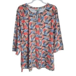 Sara Morgan Feather Print Blouse Women's Plus Size 3X Boho Colorful Artsy Nature